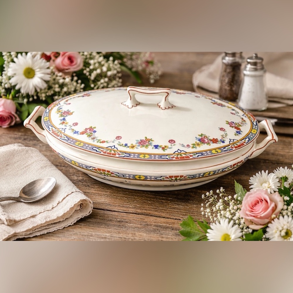 Vintage WH Grindley & Company Handled Covered Casserole Dish Colorful Flowers